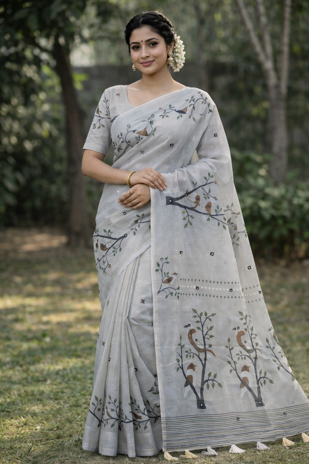 Elegant Soft Linen Cotton Printed Saree with Kalamkari Pallu & Mirror Work Blouse