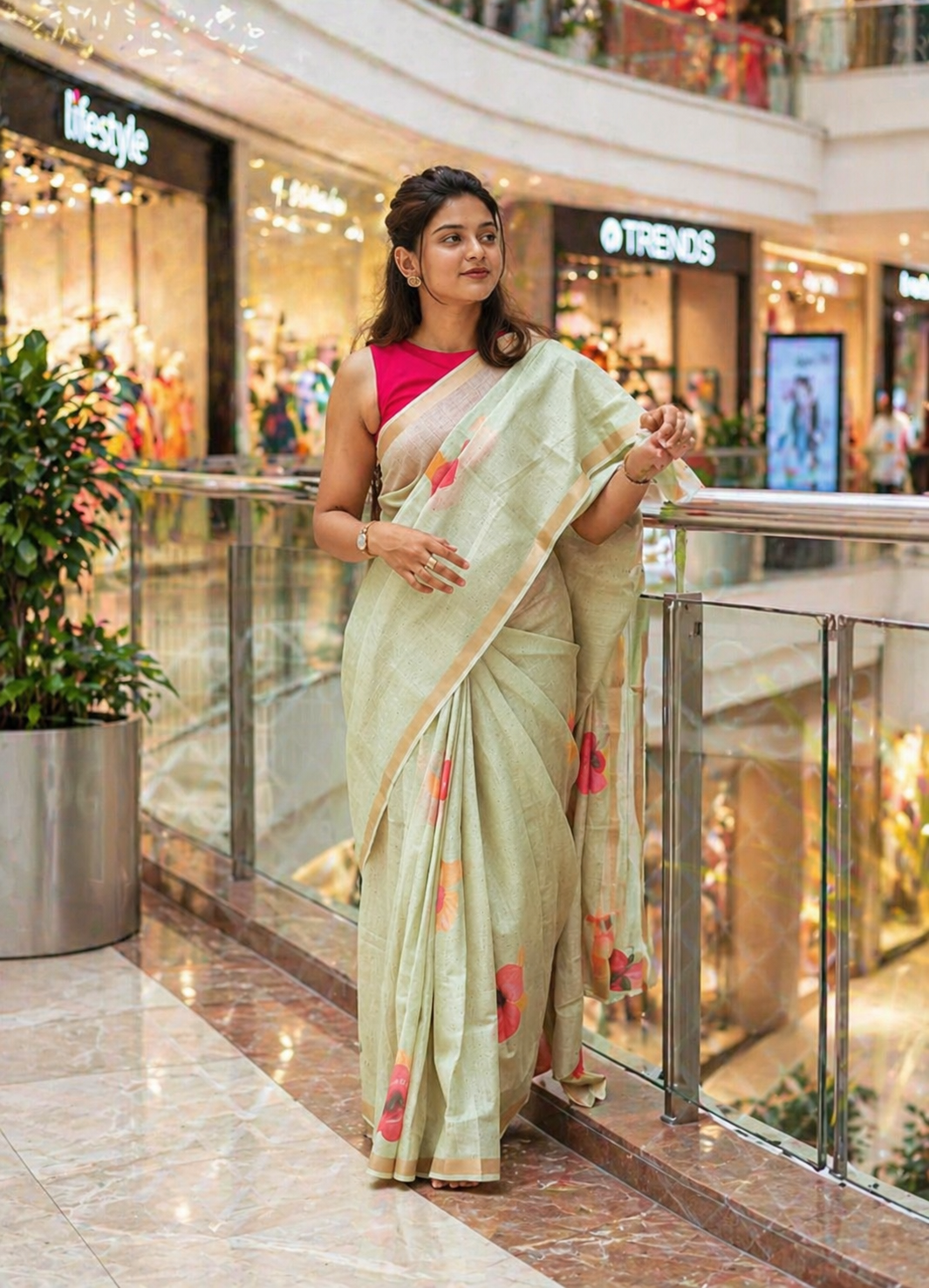 Flower Linen Saree – Soft Lightweight Floral Printed Designer Saree with Blouse