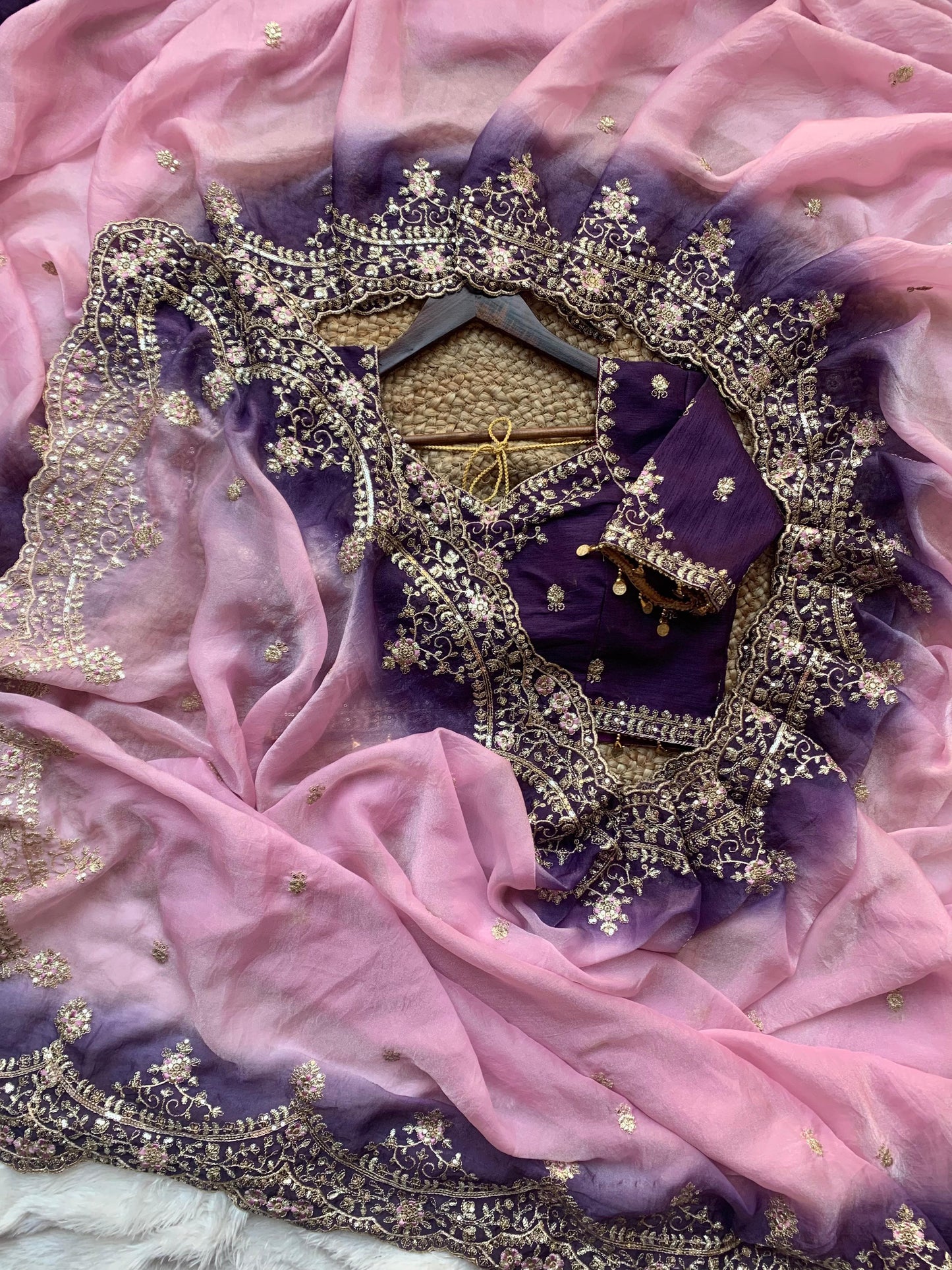 Shipra Embroidered Moss Saree with Sequins Border & Designer Stitched Blouse