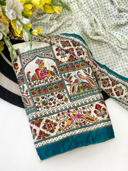 Premium Pure Moss Chiffon Saree with Peacock Floral Print & Mirror Work