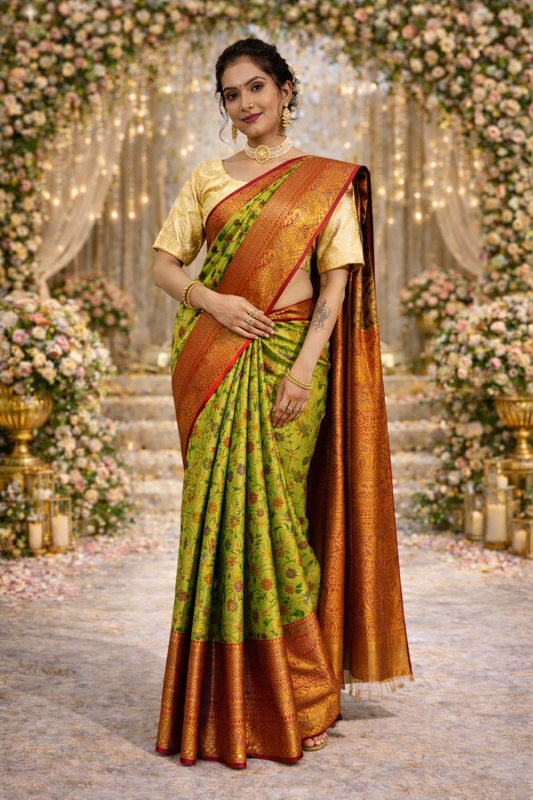 Pure Kanjivaram Silk Saree With Rich Zari Weaving & Contrast Border