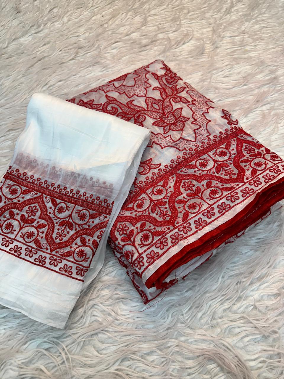 White Red Crush Silk Embroidery Saree