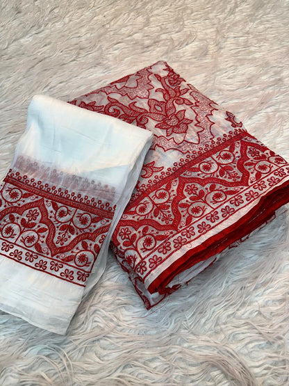 White Red Crush Silk Embroidery Saree