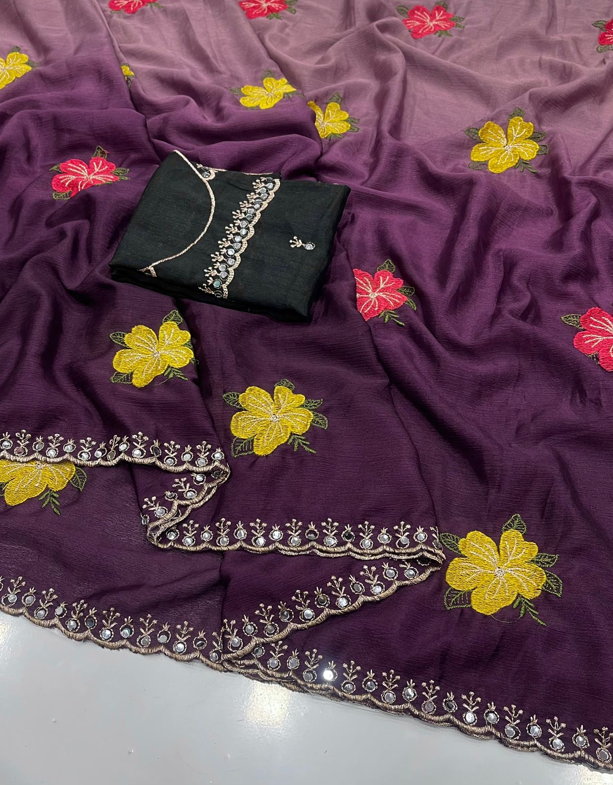Soft Chinon Dual Shade Silk Saree with Embroidery & Mirror Work