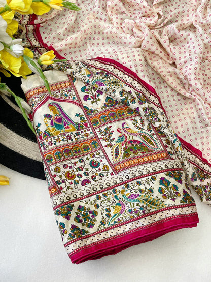Premium Pure Moss Chiffon Saree with Peacock Floral Print & Mirror Work
