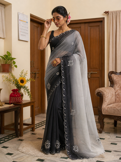 Vrinda Designer Organza Saree With Handwork Butties & Cutdana Border