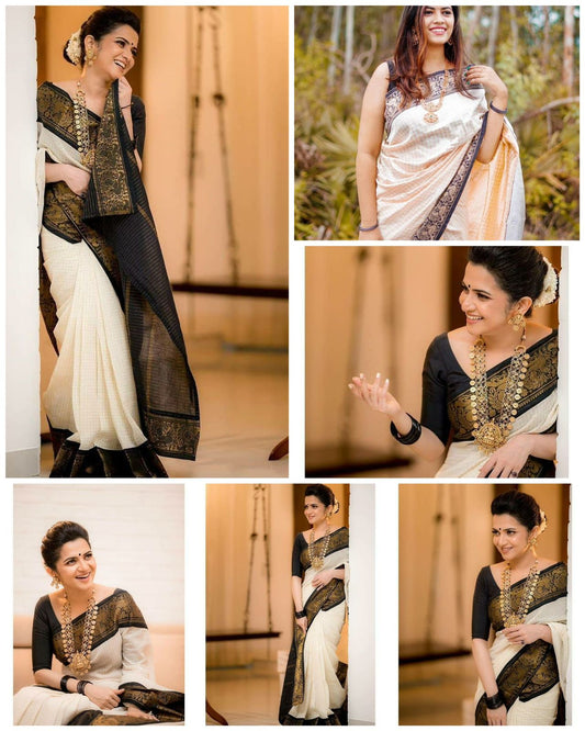 Off White Saree with Black & Gold Classic Border