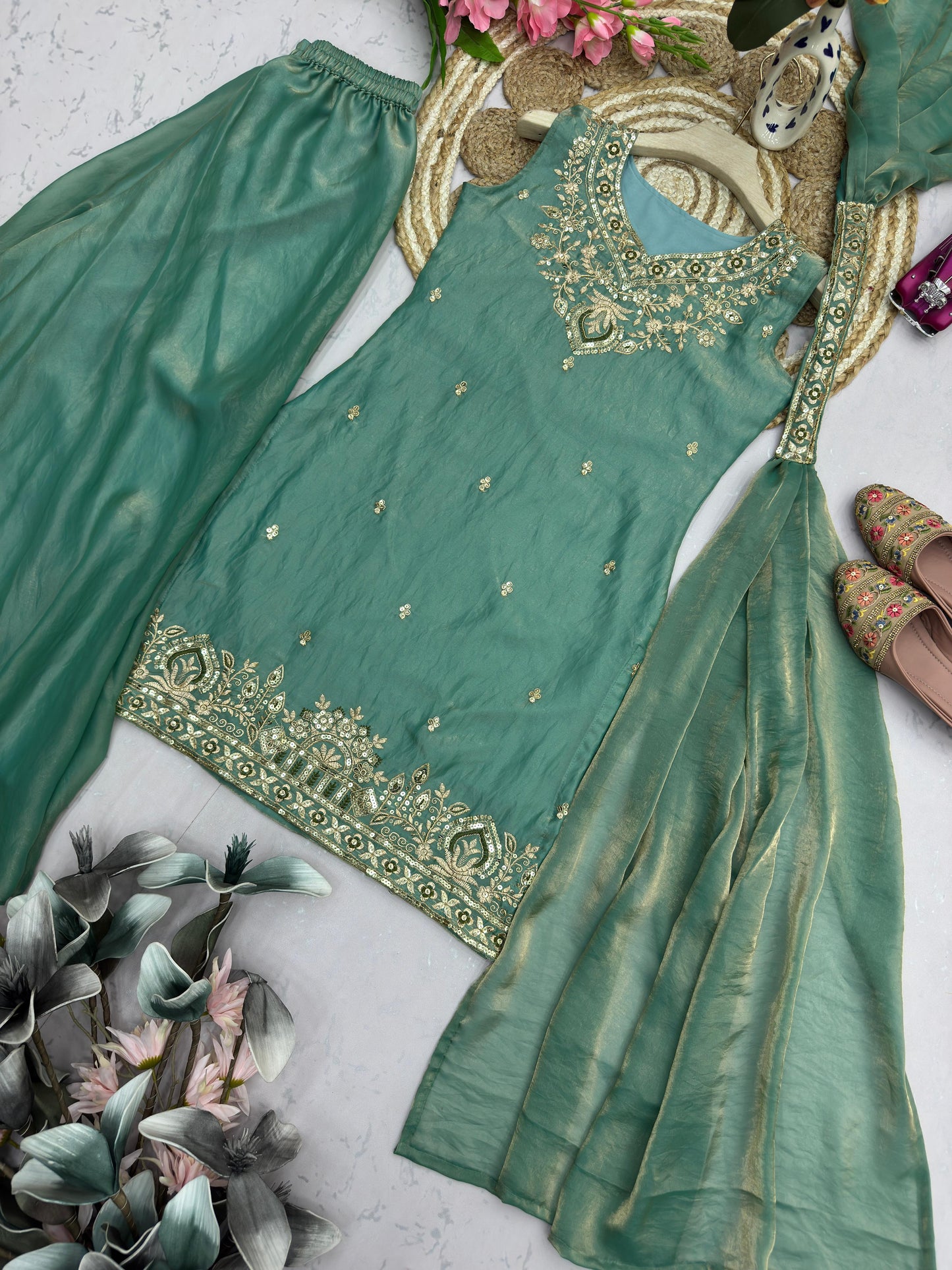 Heavy Two Tone Fendy Silk Sharara Suit With Embroidery Sequins & Mirror Work Dupatta