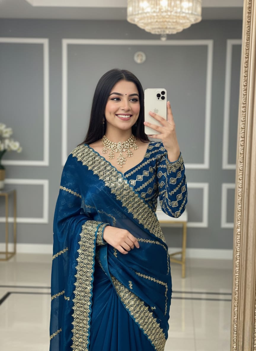Shanaya Zimmy Choo Silk Saree With Heavy Embroidery Sequence Work & Blouse (Up to 42”)