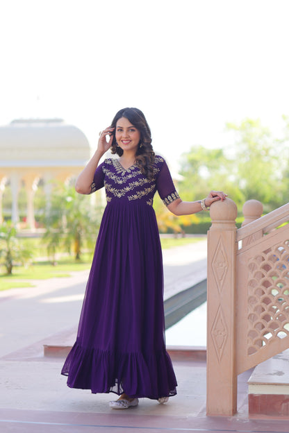 Premium ReadyMade Designer Gown | Faux Blooming Embroidered Party Wear Gown | Rama & Purple