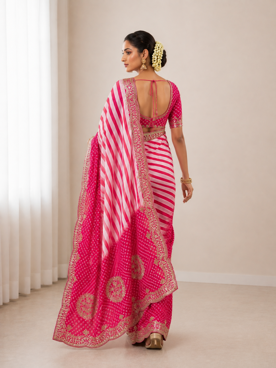 Chinon Digital Leheriya Saree with Heavy Gota Foil Work & Rich Pallu