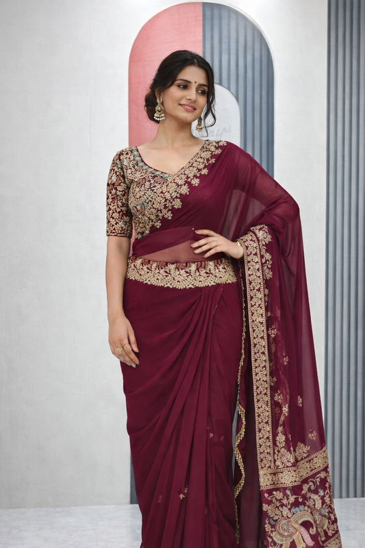 Wine Party Wear Organza Sharara Set with Embroidered Blouse & Stylish Shrug