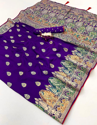 Pure Silk Meenakari Foil Print Designer Saree With Contrast Blouse