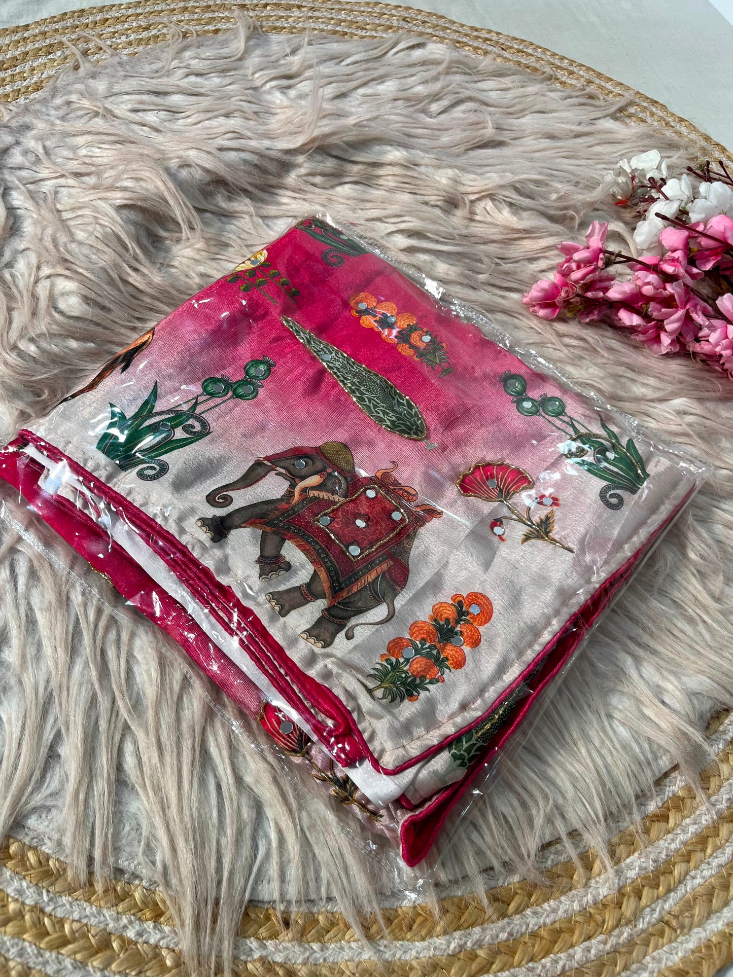 Beautiful Rajasthani Royal Look Soft Chinon Digital Saree with Mirror Work