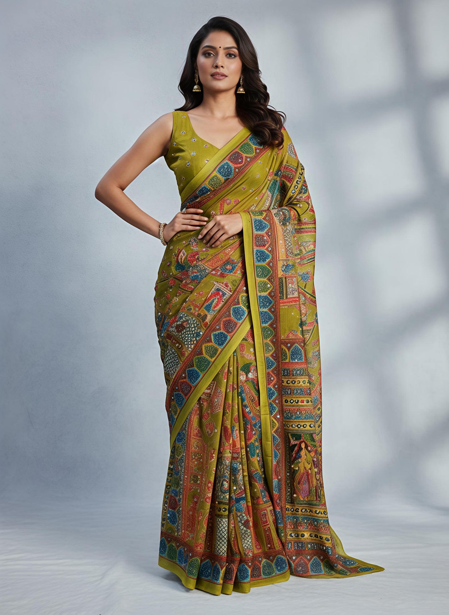 Heavy Masakali Georgette Digital Print Saree with 3000+ Mirror Work