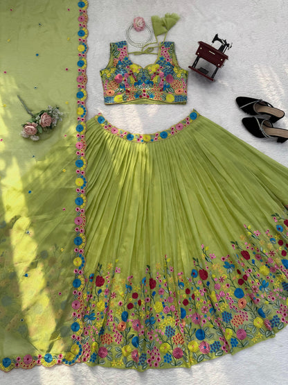 Parrot Green Floral Embroidered Organza Silk Lehenga Choli with Dupatta