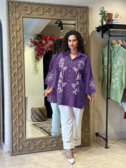 Premium Cotton Embroidered Cord-Set for Women – Designer Shirt Top with Pant (Purple & Pink)
