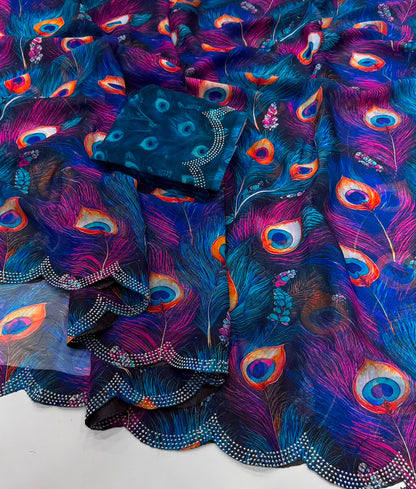Soft Georgette Mosaic Digital Print Saree with Swarovski Scalloped Border
