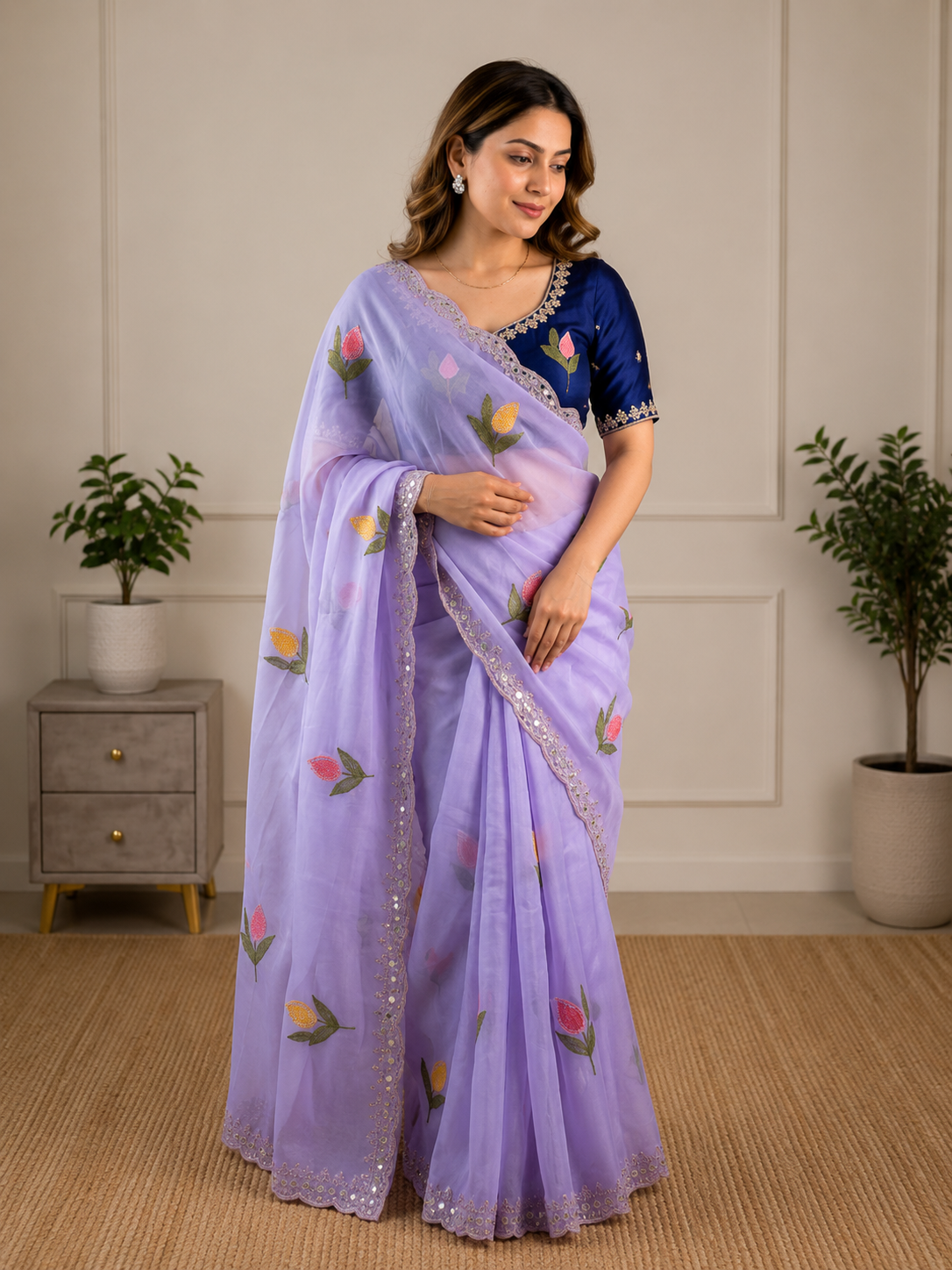 Soft Rangoli Silk Saree With Floral Embroidery & Real Mirror Work Border