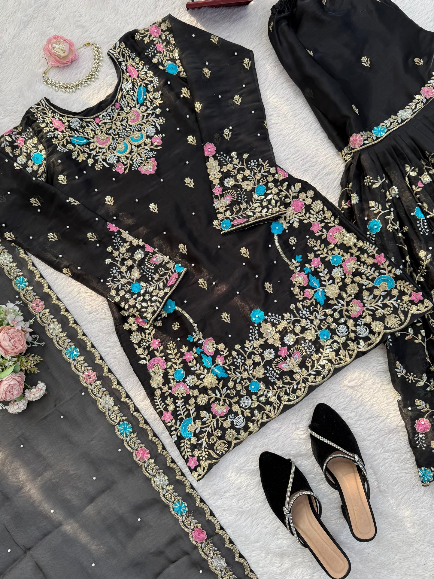 5000 Series Premium JMC Silk Anarkali Sharara Set with Heavy Embroidery & Dupatta