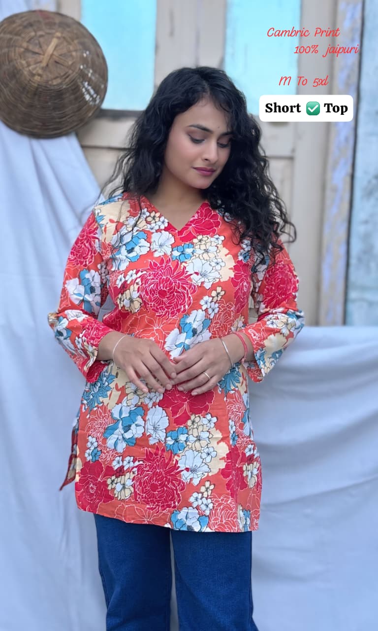 Jaipuri Cambric Cotton Printed Short Top for Women | Casual Tunic | V-Neck Daily Wear (M-5XL)
