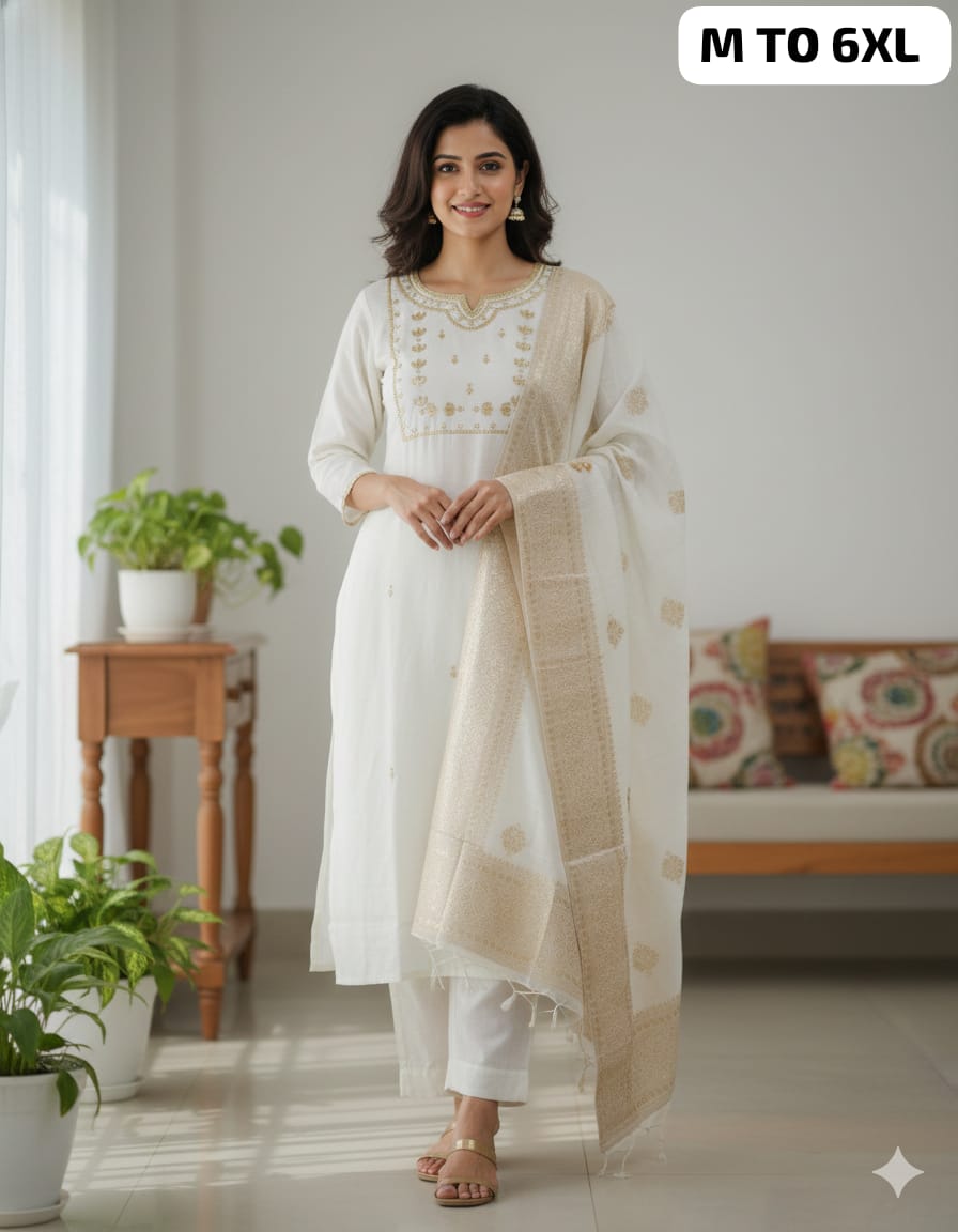 Premium Roman Silk Embroidered Kurti Pant Dupatta Set (M–6XL)