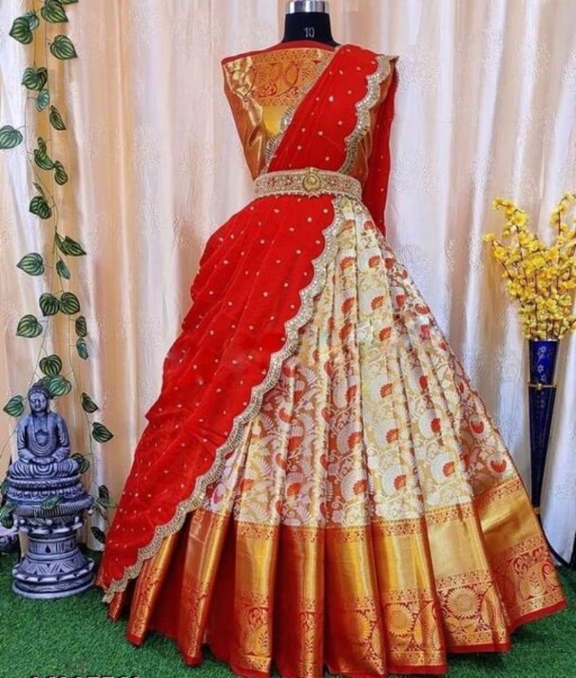 Kanjivaram Jacquard Unstitched Lehenga Choli with Organza Dupatta – 6 Designs