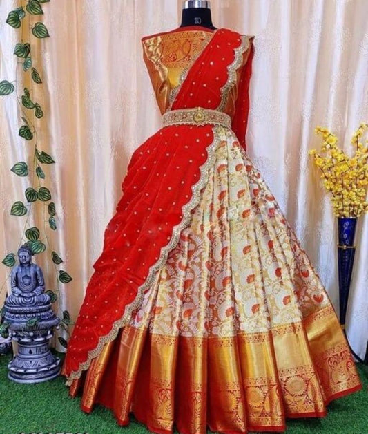 Kanjivaram Jacquard Unstitched Lehenga Choli with Organza Dupatta – 6 Designs