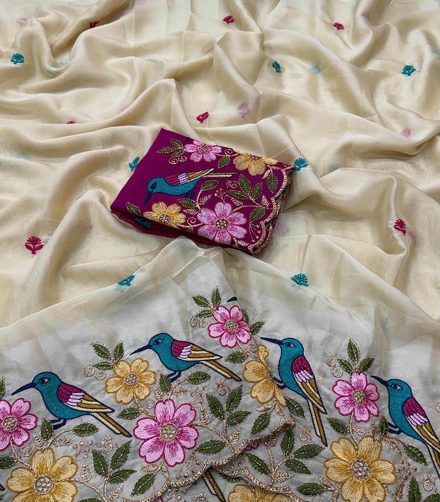Rangoli Silk Saree with Heavy Floral Work Border & Contrast Designer Blouse