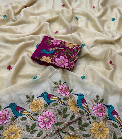 Rangoli Silk Saree with Heavy Floral Work Border & Contrast Designer Blouse