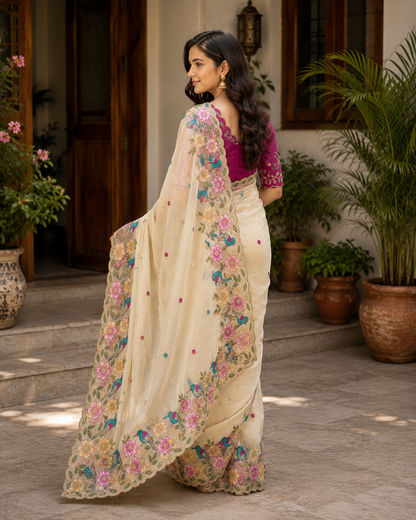 Rangoli Silk Saree with Heavy Floral Work Border & Contrast Designer Blouse