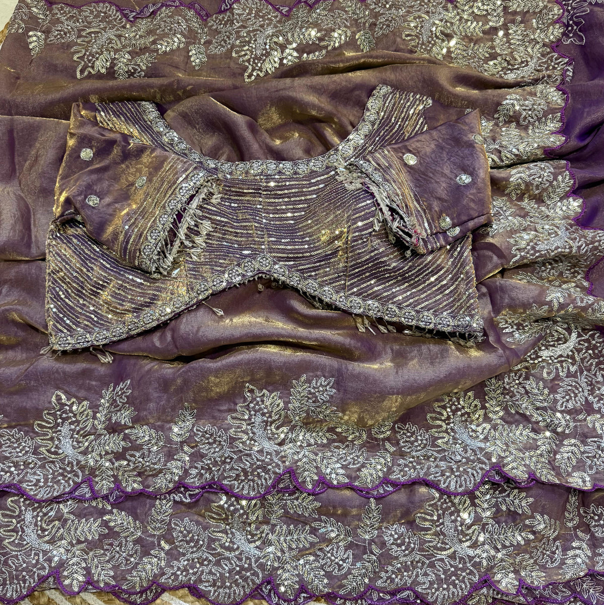 Soft Space Silk Satin Saree With Heavy Embroidery Sequence & Zari Work