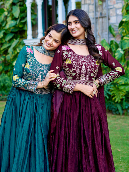 Elegant Festival Wear Fendy Silk Long Gown with Embroidered Dupatta