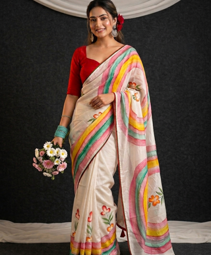 Elegant Floral Printed Soft Silk Saree with Multi Color Border