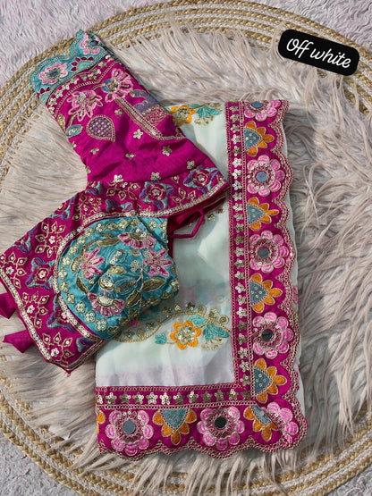 Premium Rangoli Silk Designer Saree with Embroidery & Mirror Work Blouse