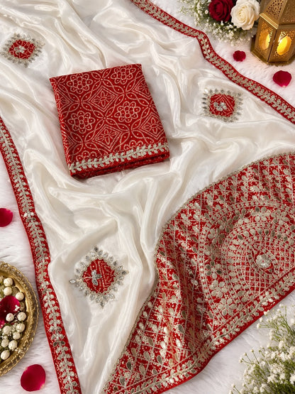 Chinon Saree with Heavy Bandhej Patch Butta & Gotapatti Work