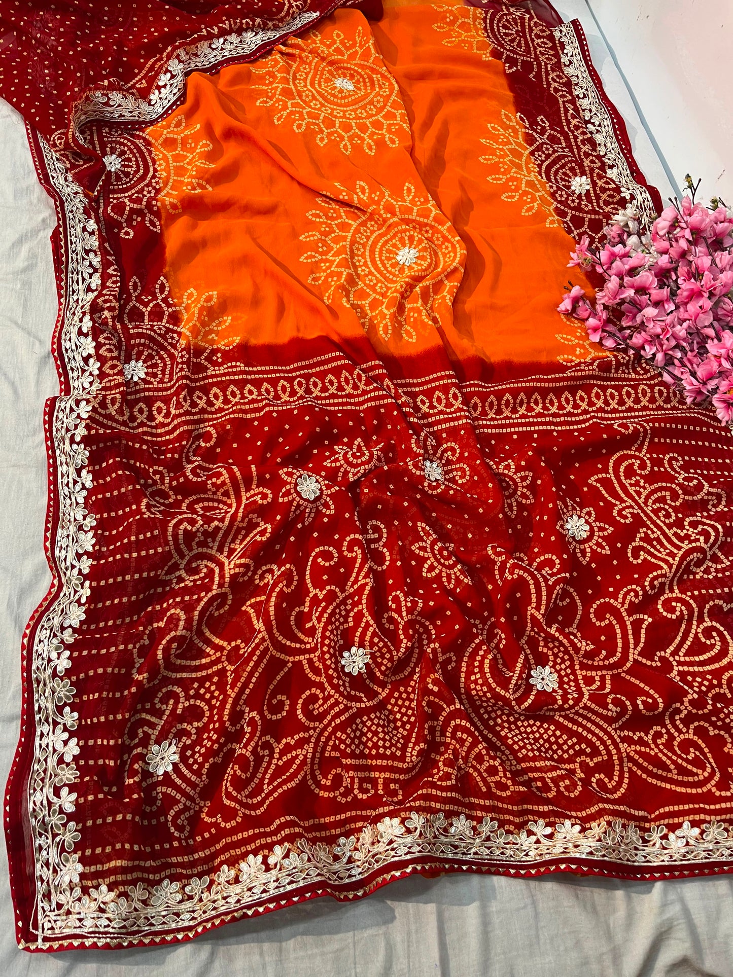 Premium Bandhani Peliya Saree with Heavy Multi Coding C-Pallu Work | Designer Party Wear Saree