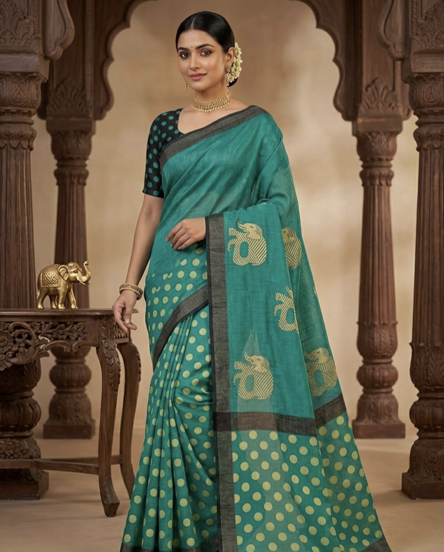 Pure Linen Chanderi Saree with Kalamkari Print & Zari Border