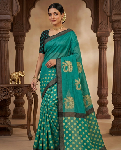 Pure Linen Chanderi Saree with Kalamkari Print & Zari Border