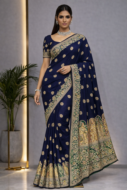 Pure Silk Meenakari Foil Print Designer Saree With Contrast Blouse