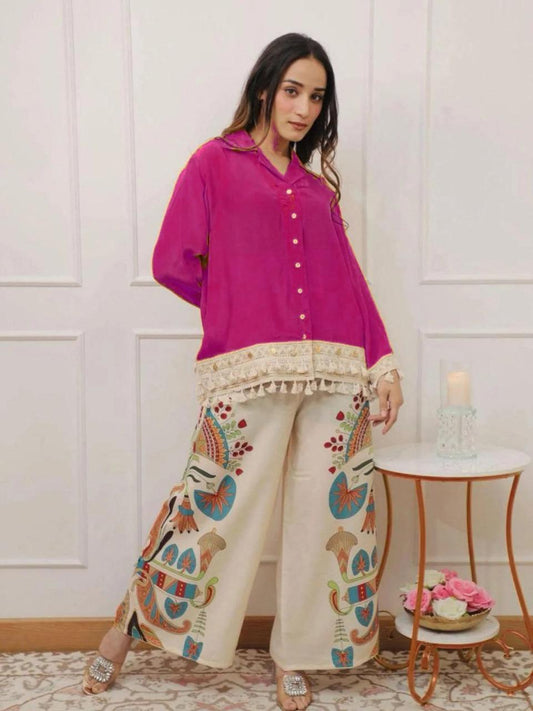Stylish Cotton Flax Cord Set | Button Top & Printed Pant Co-Ord Set for Women
