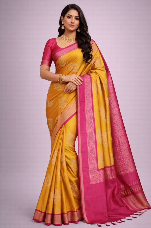 Mustard Pink Jacquard Saree