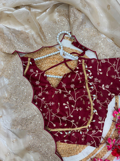 Cream Soft Jimmy Chuu Saree with Sequins & Zari Embroidery Work