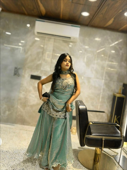 Heavy Two Tone Fendy Silk Sharara Suit With Embroidery Sequins Work & Dupatta
