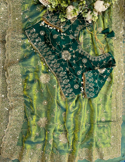 Adhya Fendy Chiffon Two Tone Saree with Embroidery, 3mm Sequence Jari Work & Fully Stitched Blouse | 6 Colors
