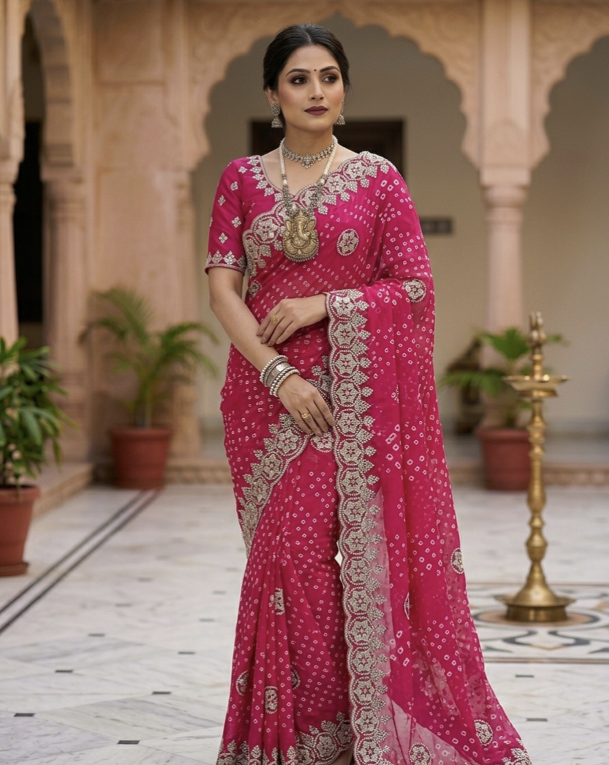 Bandhani Printed Saree with Rich Embroidered Border – Festive & Traditional Wear (2 Colors)