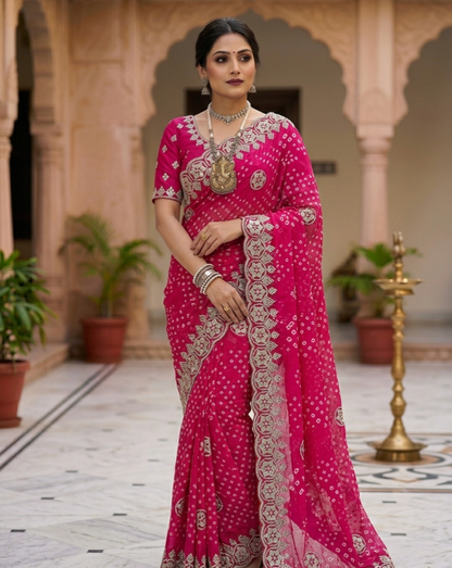 Bandhani Printed Saree with Rich Embroidered Border – Festive & Traditional Wear (2 Colors)