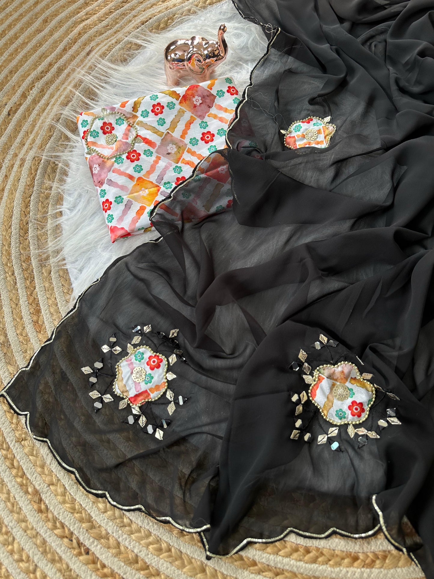 Heavy Star Georgette Saree with Mirror Work & Digital Print Designer Blouse