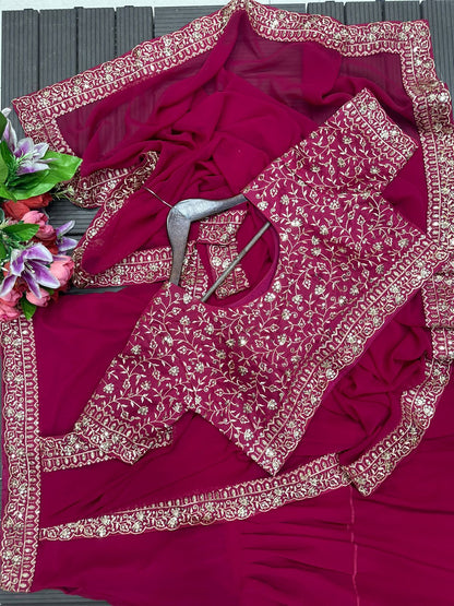Designer Ruffle Lehenga Saree with Stitched Embroidered Blouse