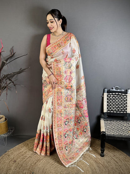 Pashmina Silk Kashmiri Saree With Meenakari Zari Weaving Border & Rich Pallu